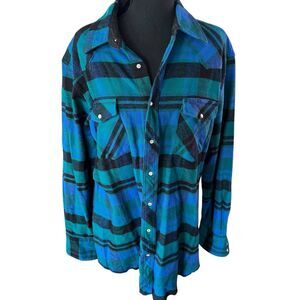 Vtg Wrangler‎ Plaid Pearl Colored Snaps Western Blue Shirt XL Tall Cowboy Thick